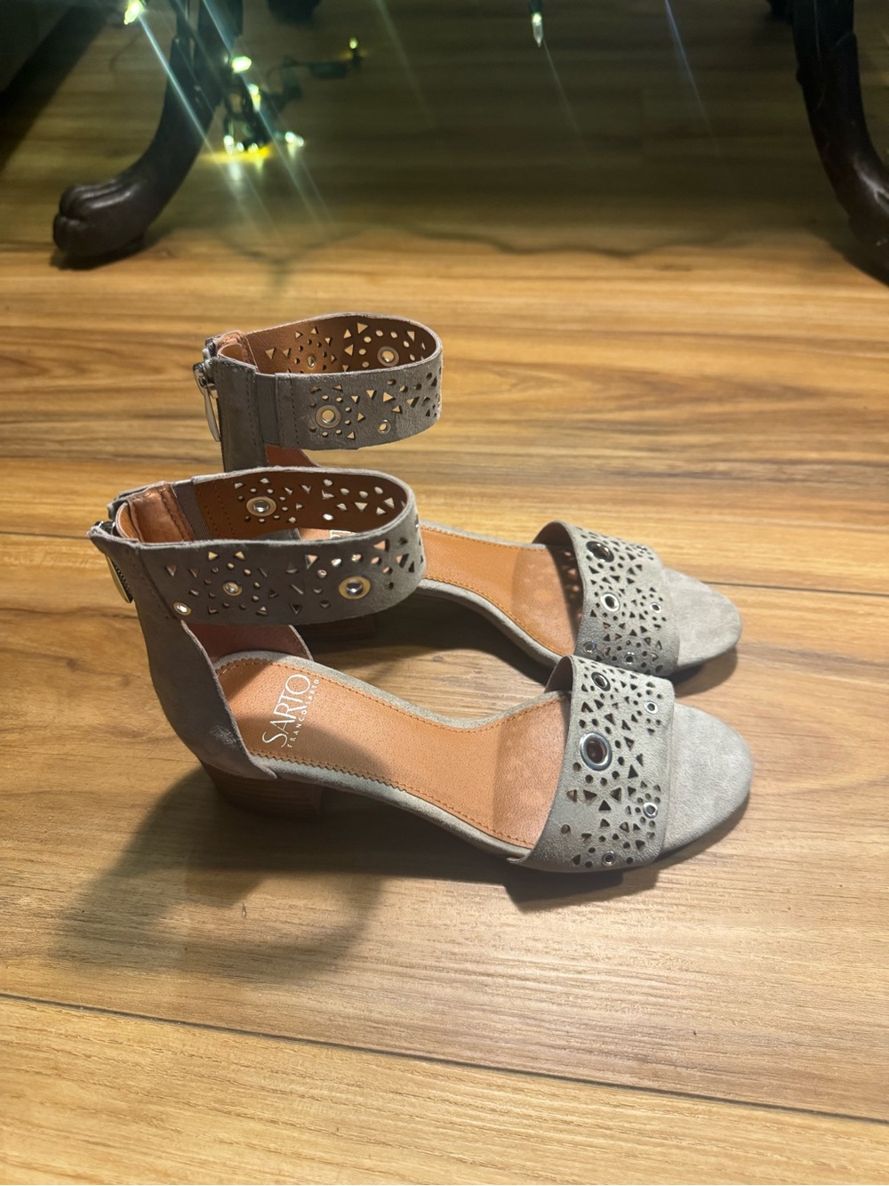 SARTO By Franco Sarto Gray Laser-Cut Ankle-Strap Block Heel Sandals